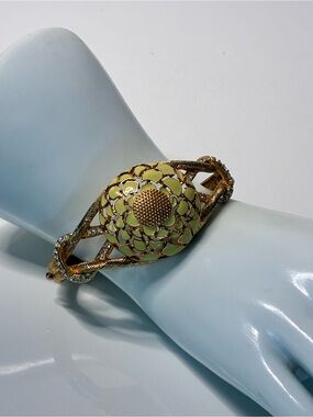 Gold-Tone Bracelet with Pale Yellow Enamel Floral Center with Sparkling Bling